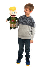 Load image into Gallery viewer, Christian Boy Puppet, Jesus Is My Superhero Shirt (14")