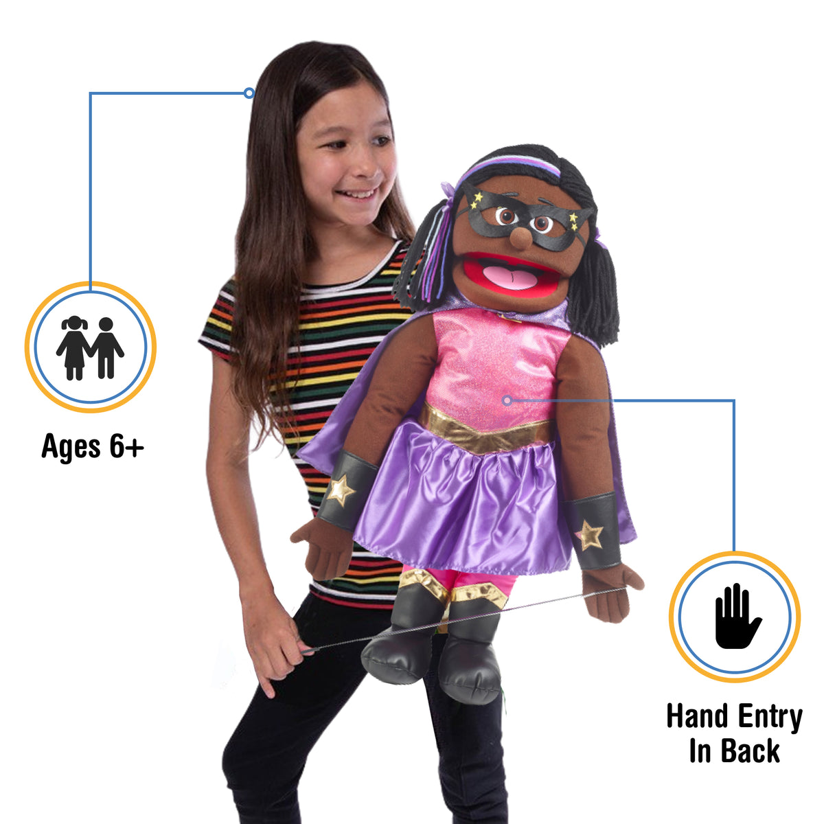 Silly Puppets Superhero African American Girl Puppet Bundle 14 inch w/ Arm  Rod